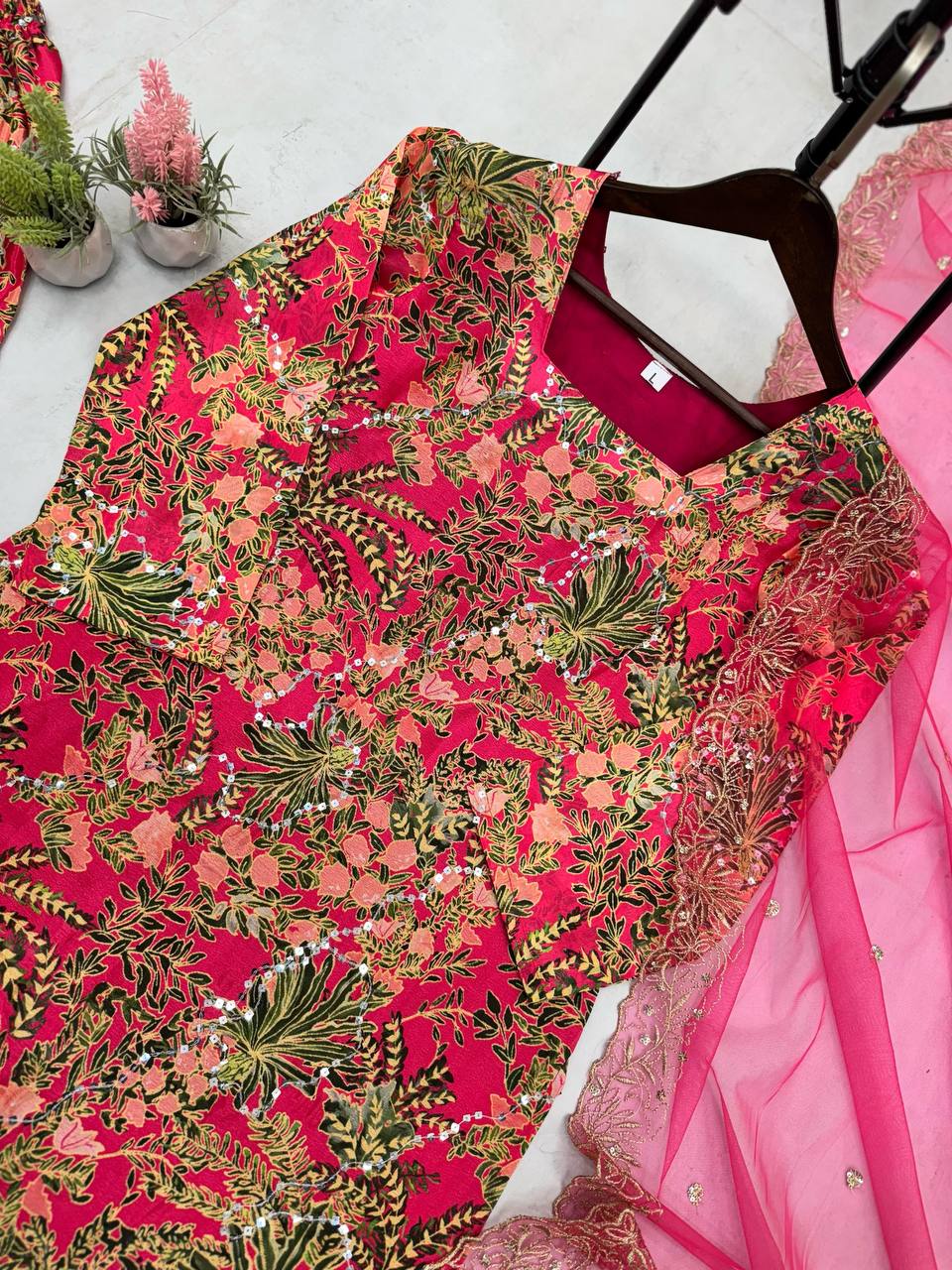 "Elegant Chinon Suit with Sequence Embroidery and Sharara Set"