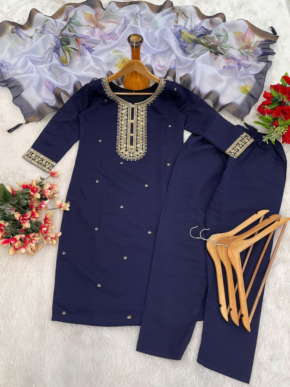 "Elegant Heavy Roman Embroidered Suit with Digital Print Duppatta – Available in 4 Colors"