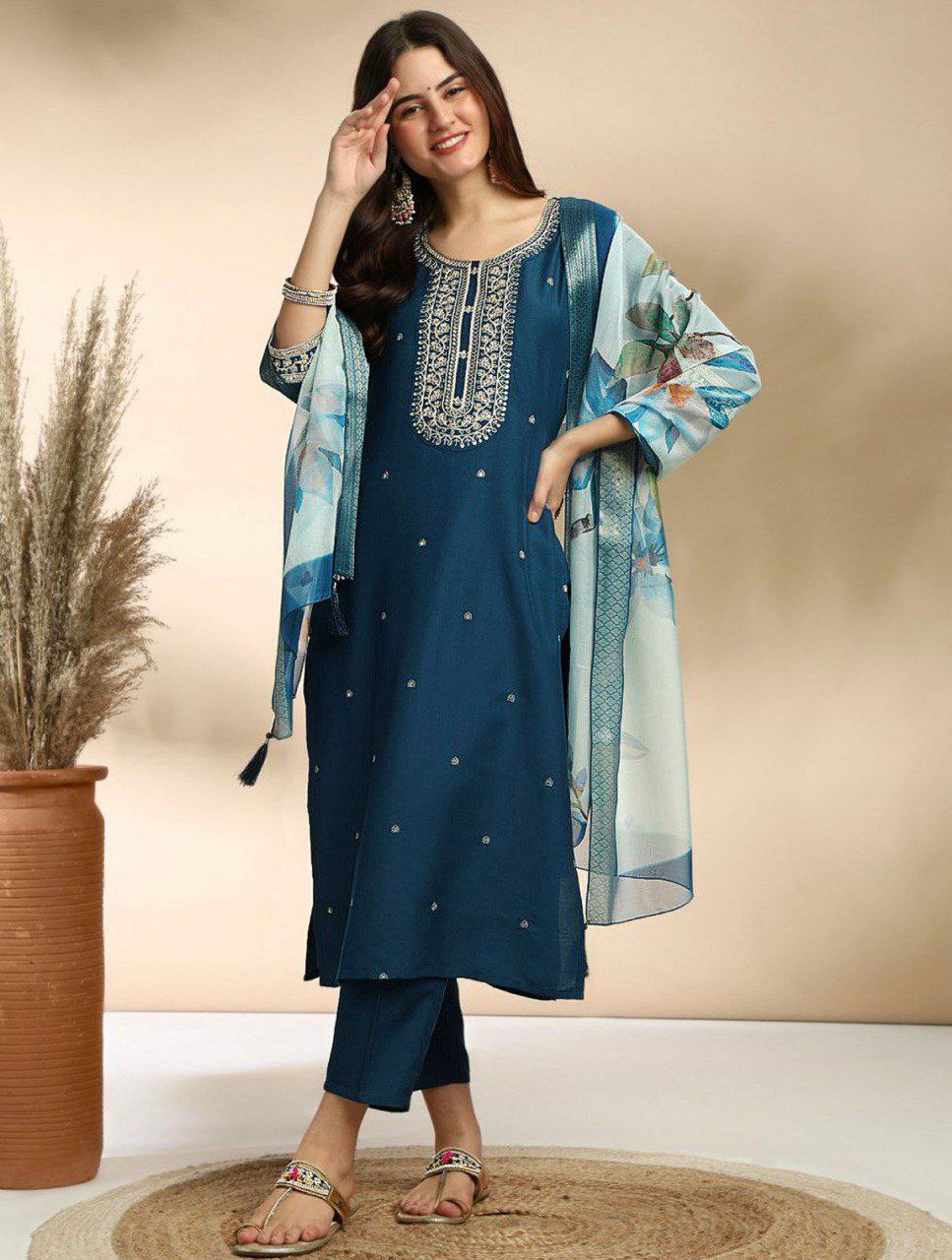 "Elegant Heavy Roman Embroidered Suit with Digital Print Duppatta – Available in 4 Colors"