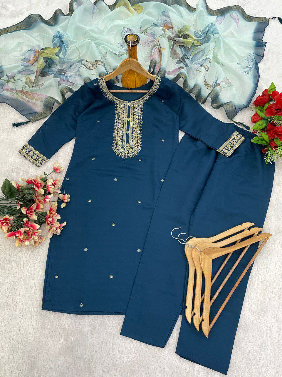 "Elegant Heavy Roman Embroidered Suit with Digital Print Duppatta – Available in 4 Colors"