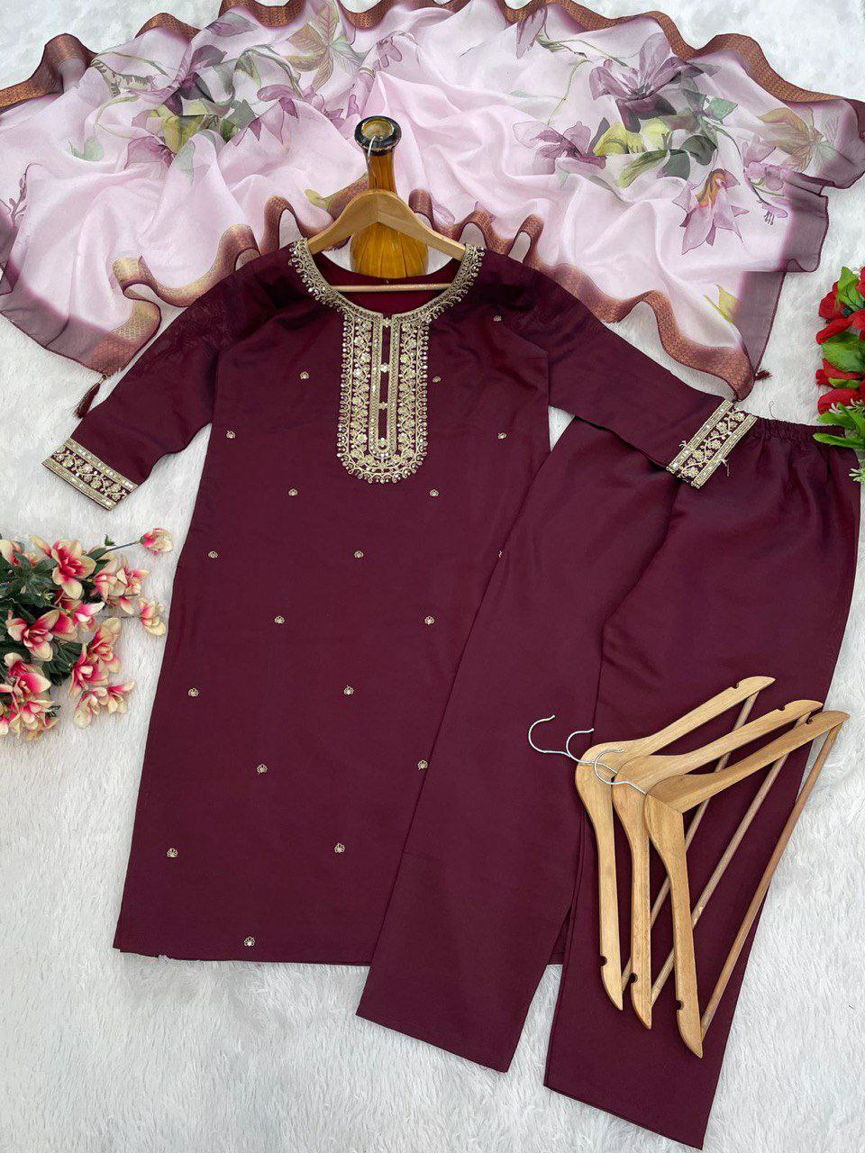 "Elegant Heavy Roman Embroidered Suit with Digital Print Duppatta – Available in 4 Colors"