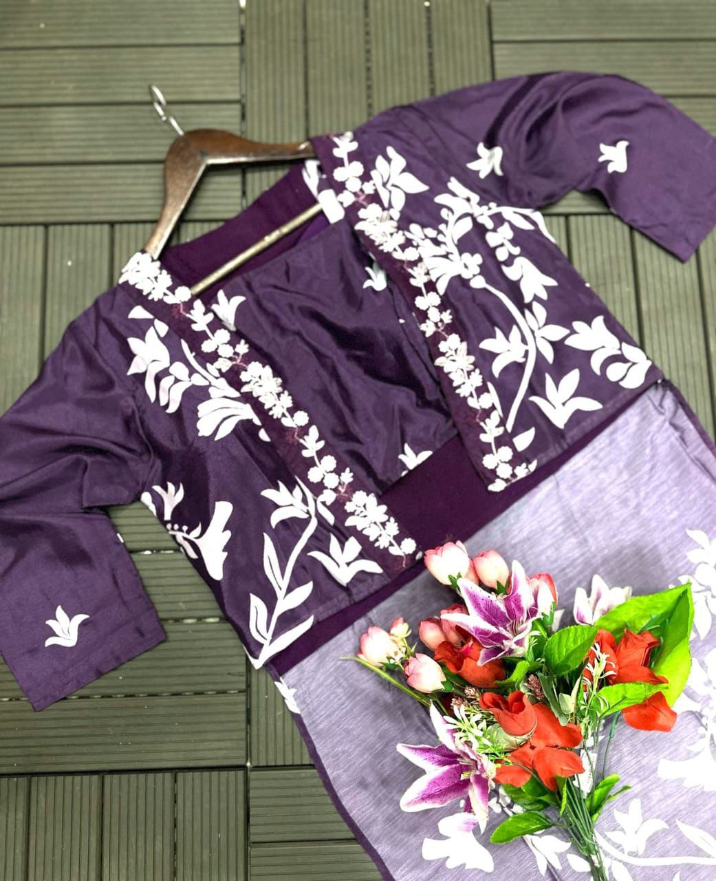“Elegant Chinon Plazzo Set with Embroidered Koti & Stitched Blouse”