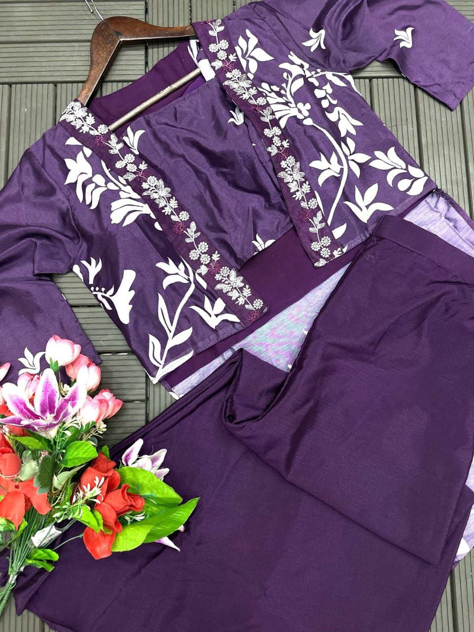 “Elegant Chinon Plazzo Set with Embroidered Koti & Stitched Blouse”