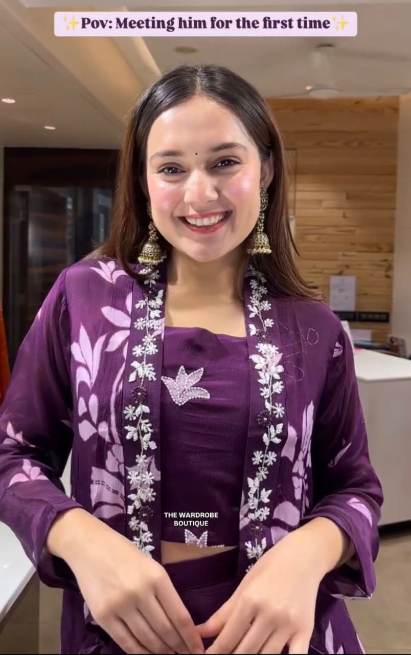 “Elegant Chinon Plazzo Set with Embroidered Koti & Stitched Blouse”