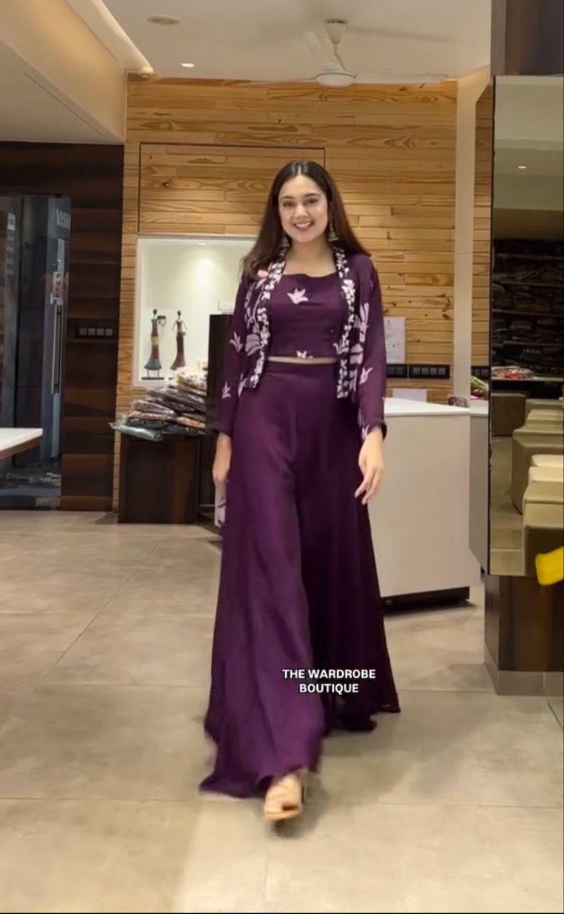 “Elegant Chinon Plazzo Set with Embroidered Koti & Stitched Blouse”