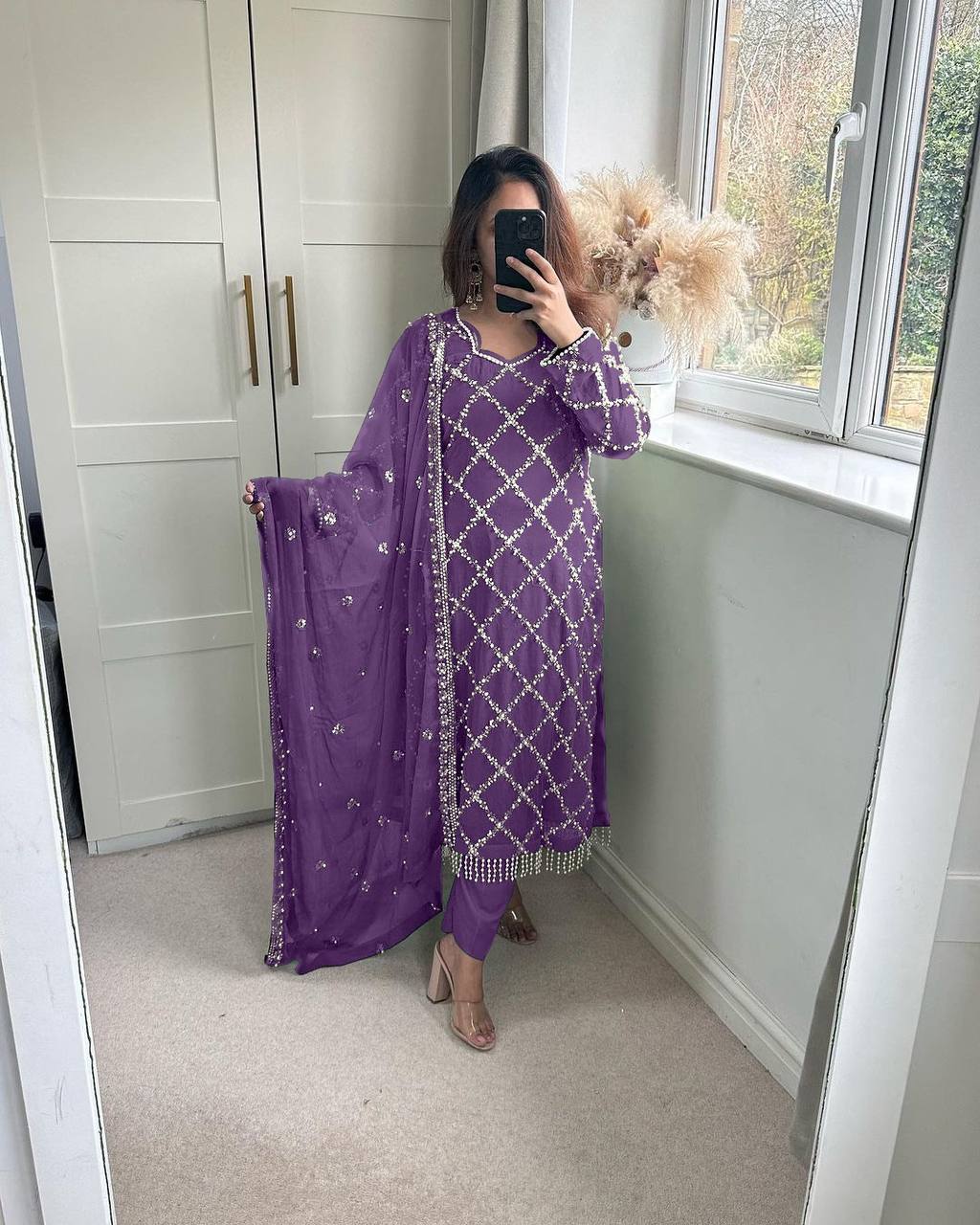 "Elegant Fox Georgette Suit Set with Handwork Sequence Embroidery, Moti Lace Sleeves, and Embroidered Dupatta"