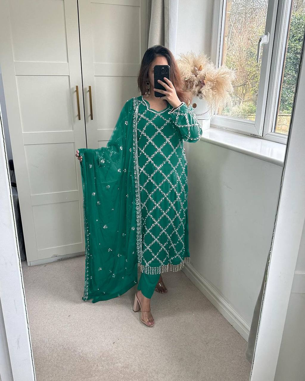 "Elegant Fox Georgette Suit Set with Handwork Sequence Embroidery, Moti Lace Sleeves, and Embroidered Dupatta"