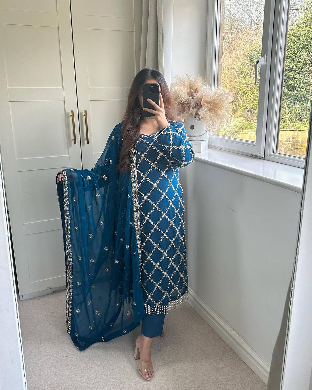 "Elegant Fox Georgette Suit Set with Handwork Sequence Embroidery, Moti Lace Sleeves, and Embroidered Dupatta"