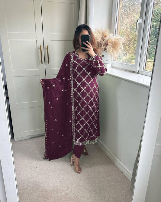 "Elegant Fox Georgette Suit Set with Handwork Sequence Embroidery, Moti Lace Sleeves, and Embroidered Dupatta"