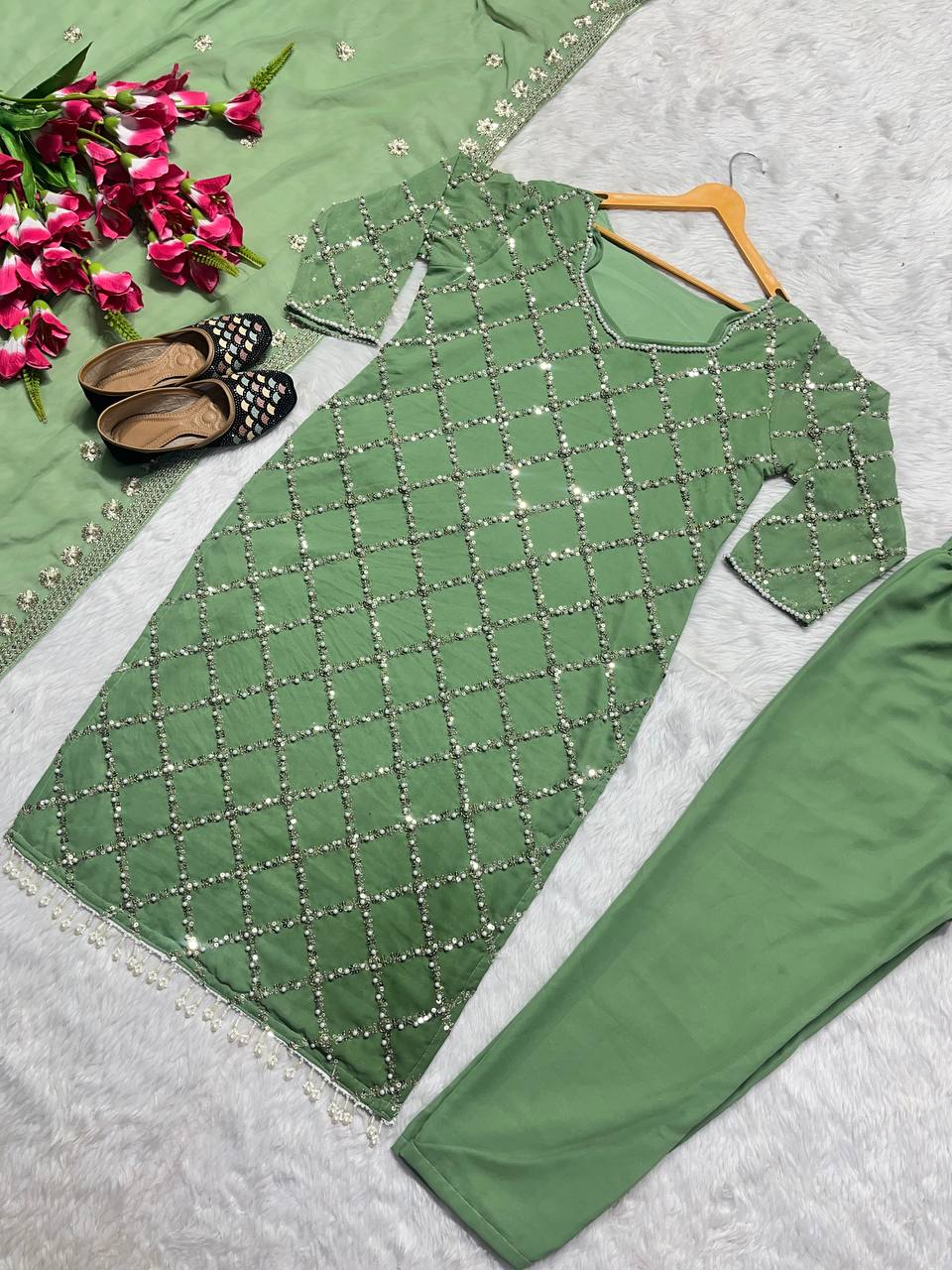 "Elegant Fox Georgette Suit Set with Handwork Sequence Embroidery, Moti Lace Sleeves, and Embroidered Dupatta"