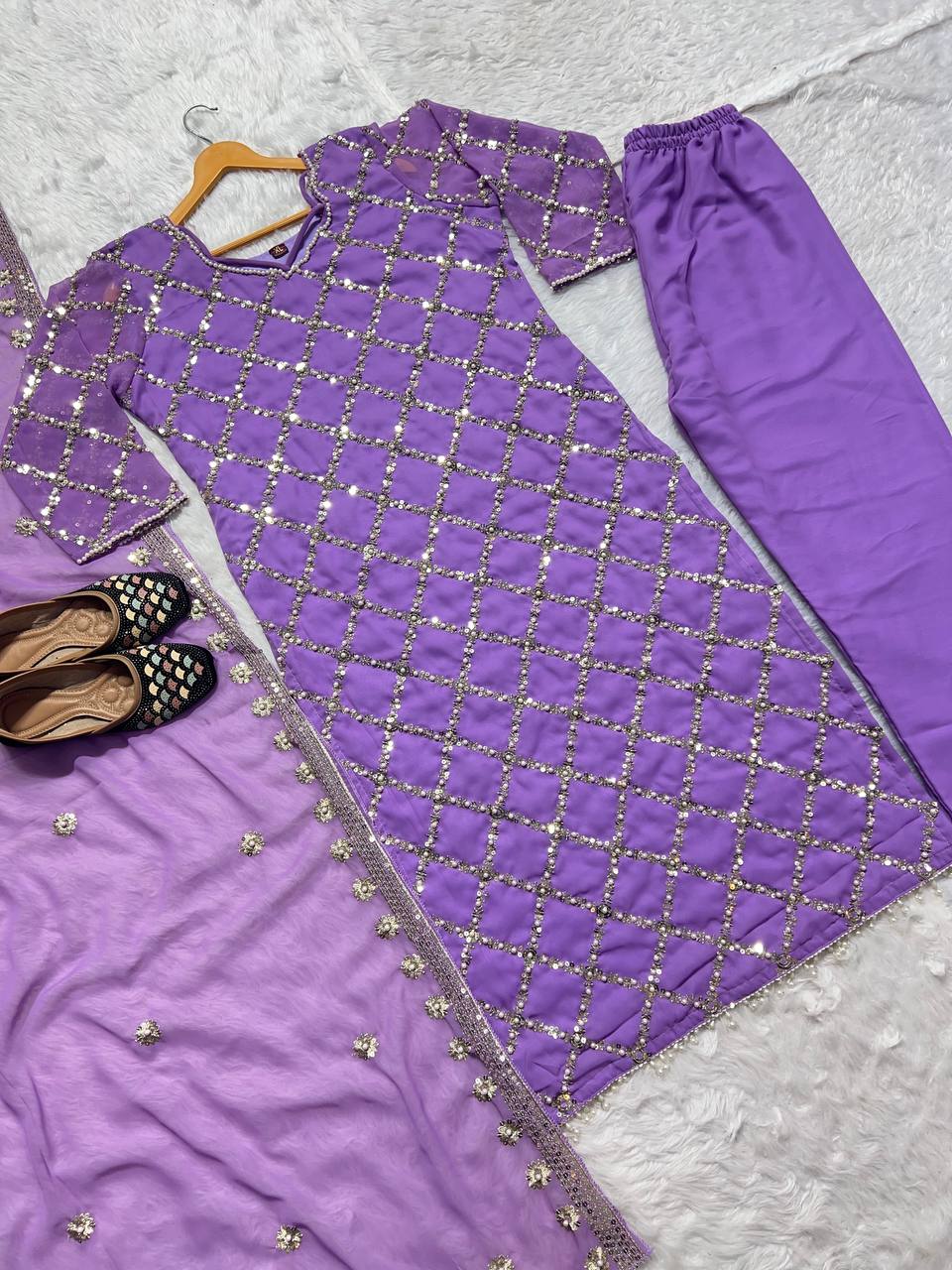 "Elegant Fox Georgette Suit Set with Handwork Sequence Embroidery, Moti Lace Sleeves, and Embroidered Dupatta"