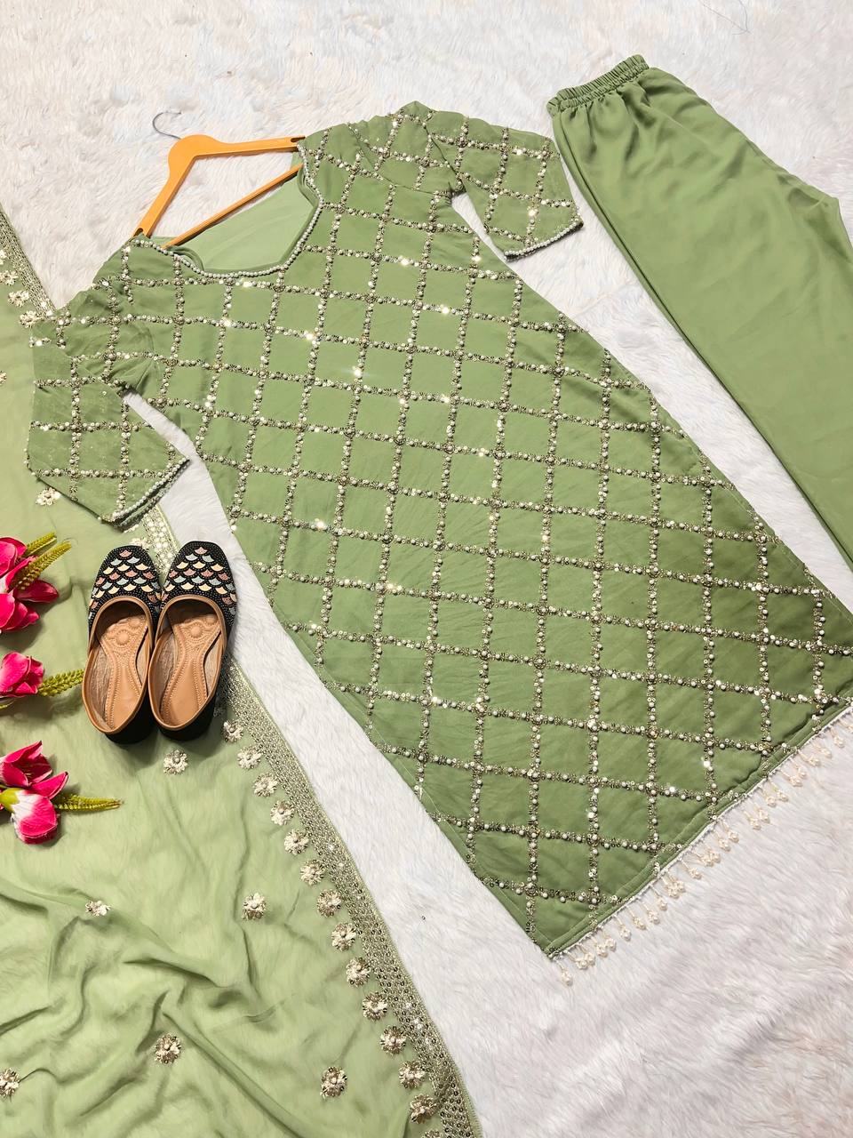 "Elegant Fox Georgette Suit Set with Handwork Sequence Embroidery, Moti Lace Sleeves, and Embroidered Dupatta"