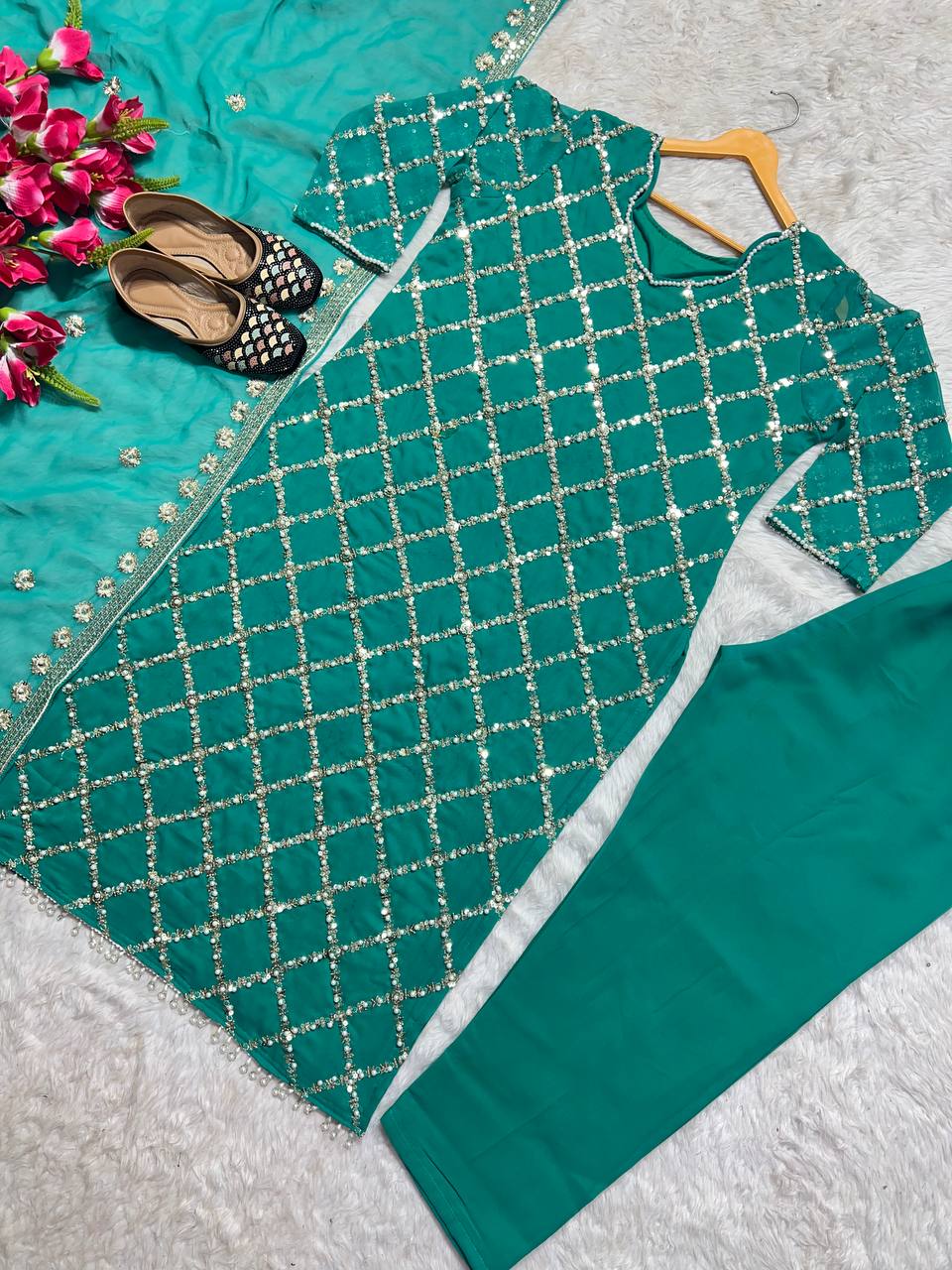 "Elegant Fox Georgette Suit Set with Handwork Sequence Embroidery, Moti Lace Sleeves, and Embroidered Dupatta"