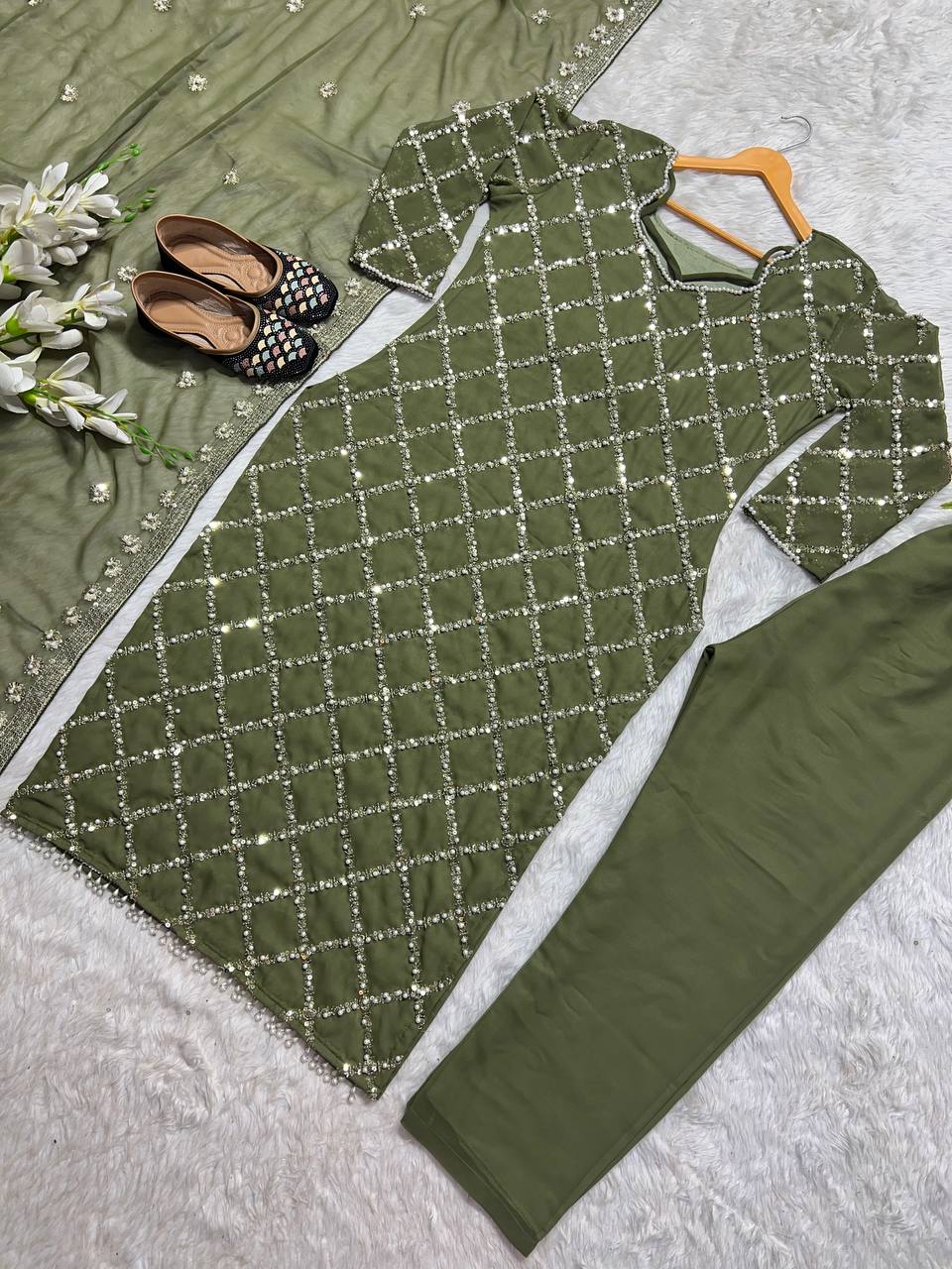 "Elegant Fox Georgette Suit Set with Handwork Sequence Embroidery, Moti Lace Sleeves, and Embroidered Dupatta"