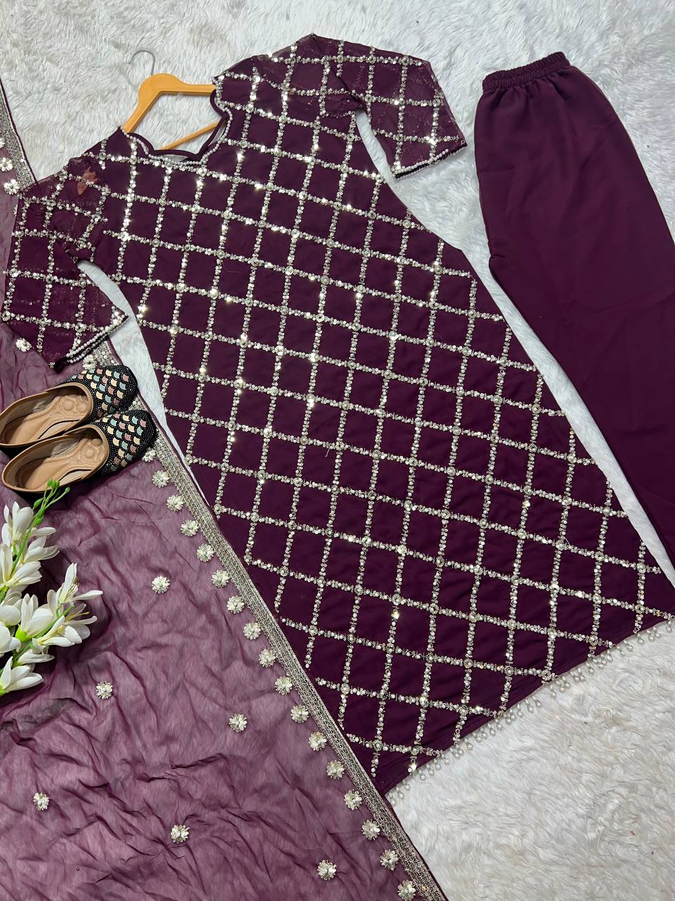 "Elegant Fox Georgette Suit Set with Handwork Sequence Embroidery, Moti Lace Sleeves, and Embroidered Dupatta"