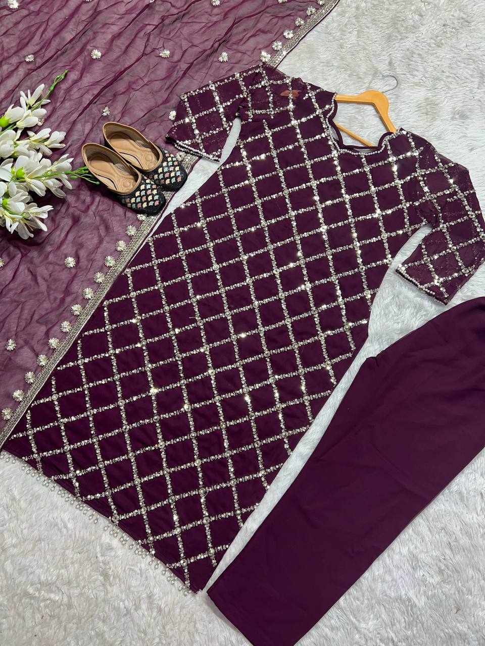 "Elegant Fox Georgette Suit Set with Handwork Sequence Embroidery, Moti Lace Sleeves, and Embroidered Dupatta"