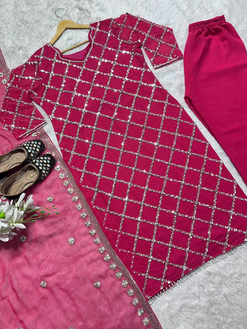 "Elegant Fox Georgette Suit Set with Handwork Sequence Embroidery, Moti Lace Sleeves, and Embroidered Dupatta"