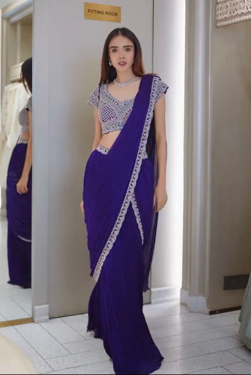 "Elegant Heavy Chinon Lehenga Saree with Embroidery and Fancy Dupatta"