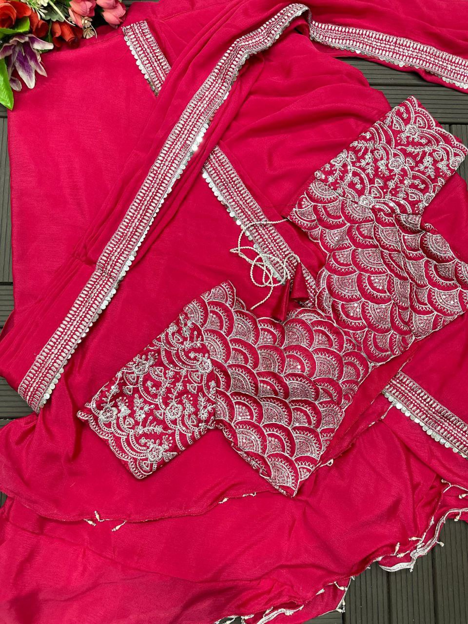 "Elegant Heavy Chinon Lehenga Saree with Embroidery and Fancy Dupatta"