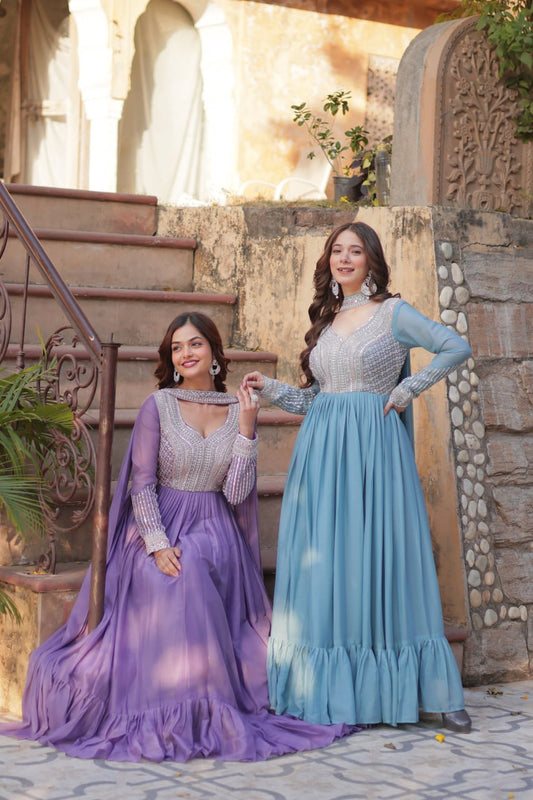 "Elegant Star Georgette Embroidered Gown with Beads & Sequins Work and Matching Dupatta"