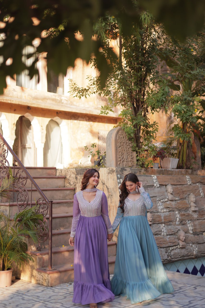 "Elegant Star Georgette Embroidered Gown with Beads & Sequins Work and Matching Dupatta"