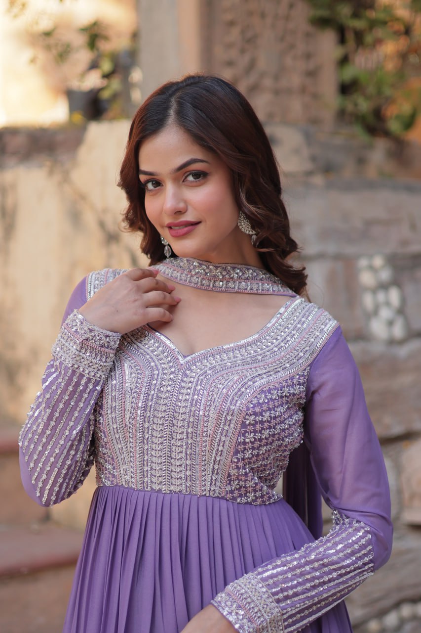 "Elegant Star Georgette Embroidered Gown with Beads & Sequins Work and Matching Dupatta"