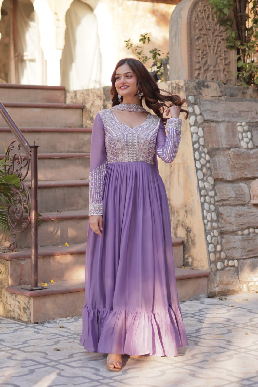 "Elegant Star Georgette Embroidered Gown with Beads & Sequins Work and Matching Dupatta"