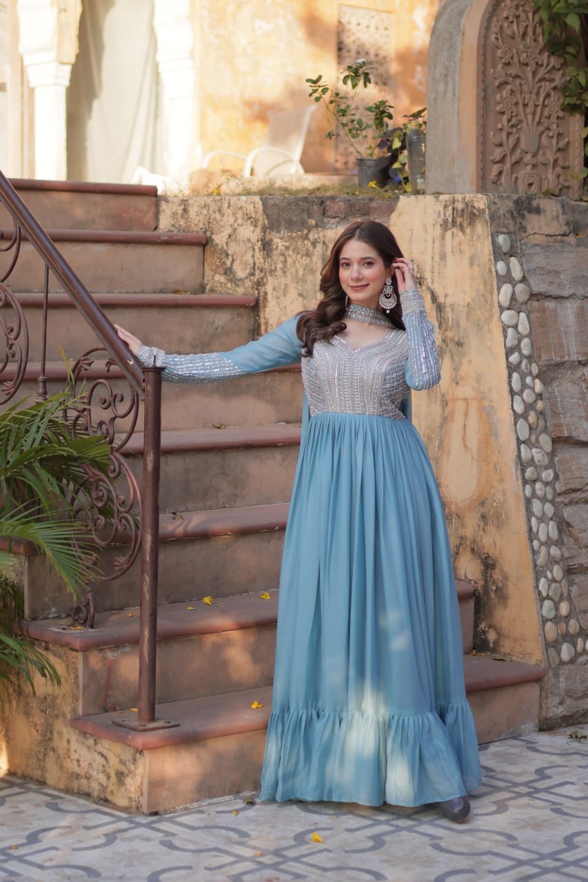 "Elegant Star Georgette Embroidered Gown with Beads & Sequins Work and Matching Dupatta"