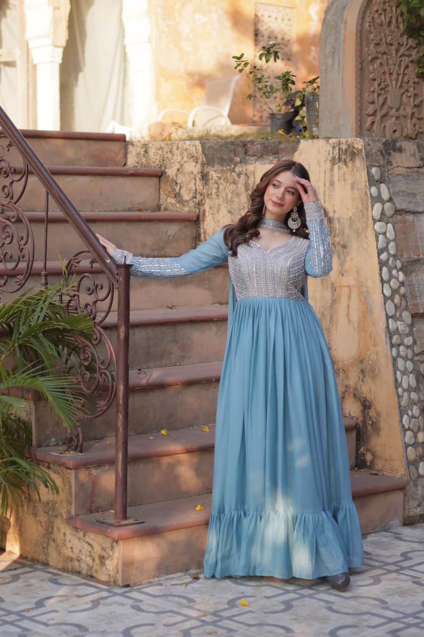 "Elegant Star Georgette Embroidered Gown with Beads & Sequins Work and Matching Dupatta"