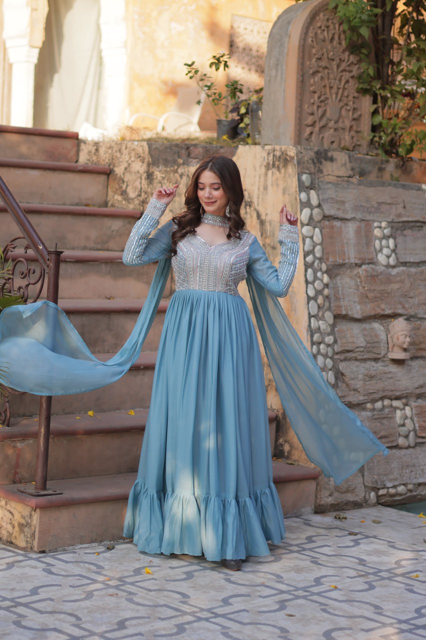 "Elegant Star Georgette Embroidered Gown with Beads & Sequins Work and Matching Dupatta"