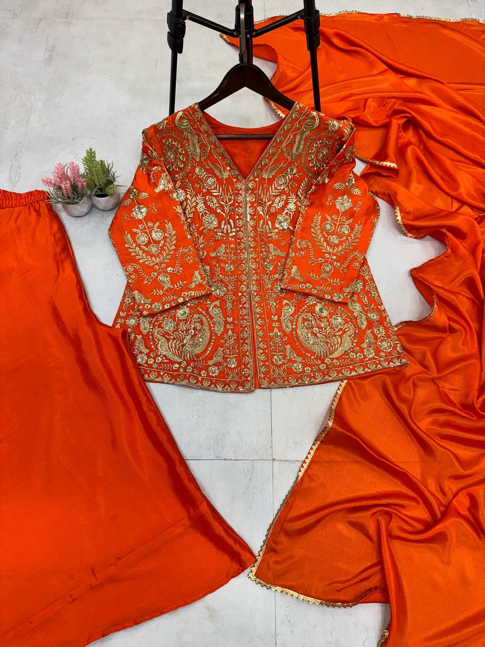 "Elegant Chinon Sequin Embroidered Top with Plazo and Dupatta Set"