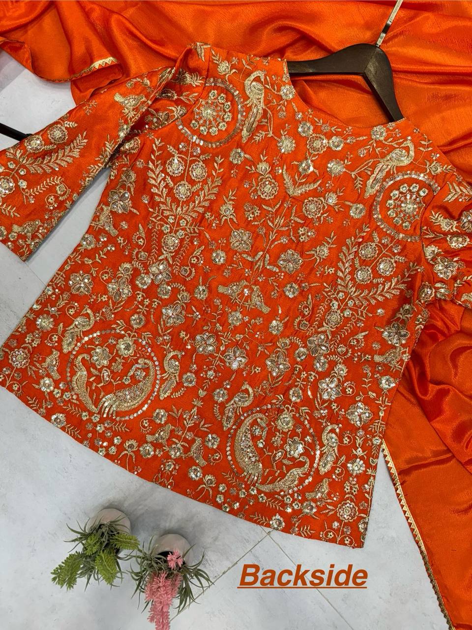 "Elegant Chinon Sequin Embroidered Top with Plazo and Dupatta Set"
