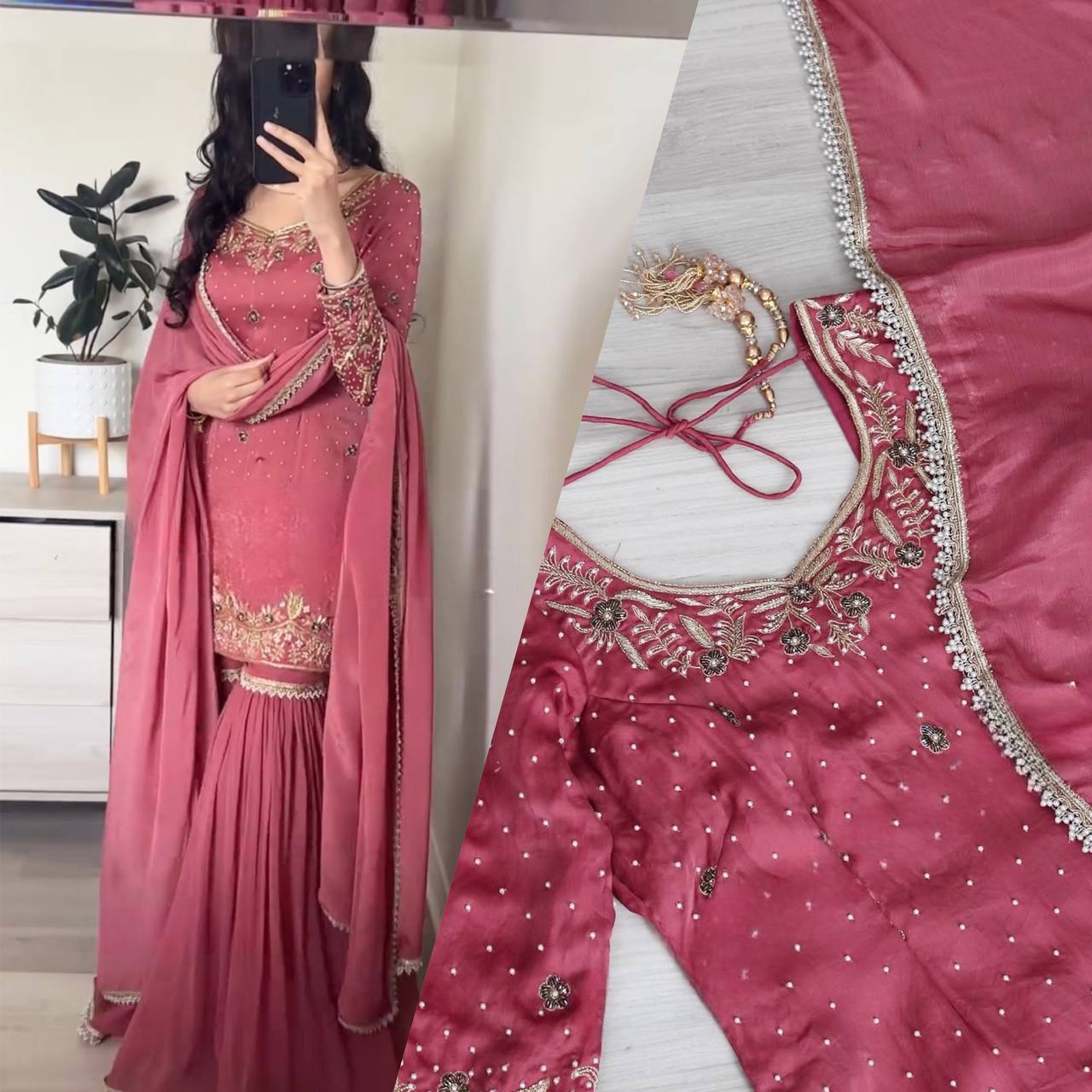 Elegant Pure Chinnon Silk Ensemble with Moti Handwork & Fancy Embroidery