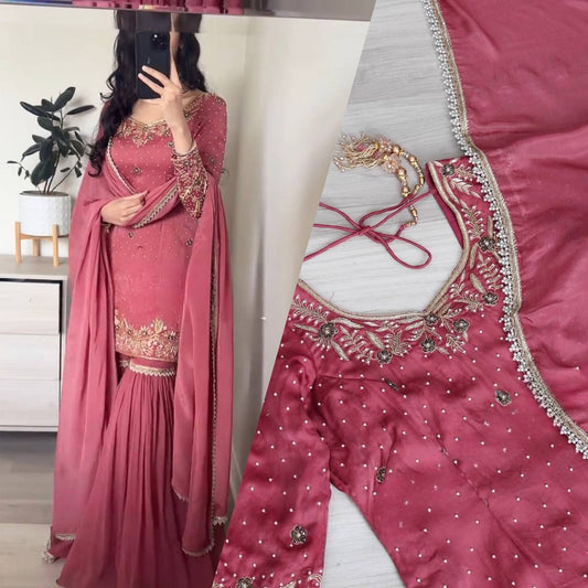 Elegant Pure Chinnon Silk Ensemble with Moti Handwork & Fancy Embroidery