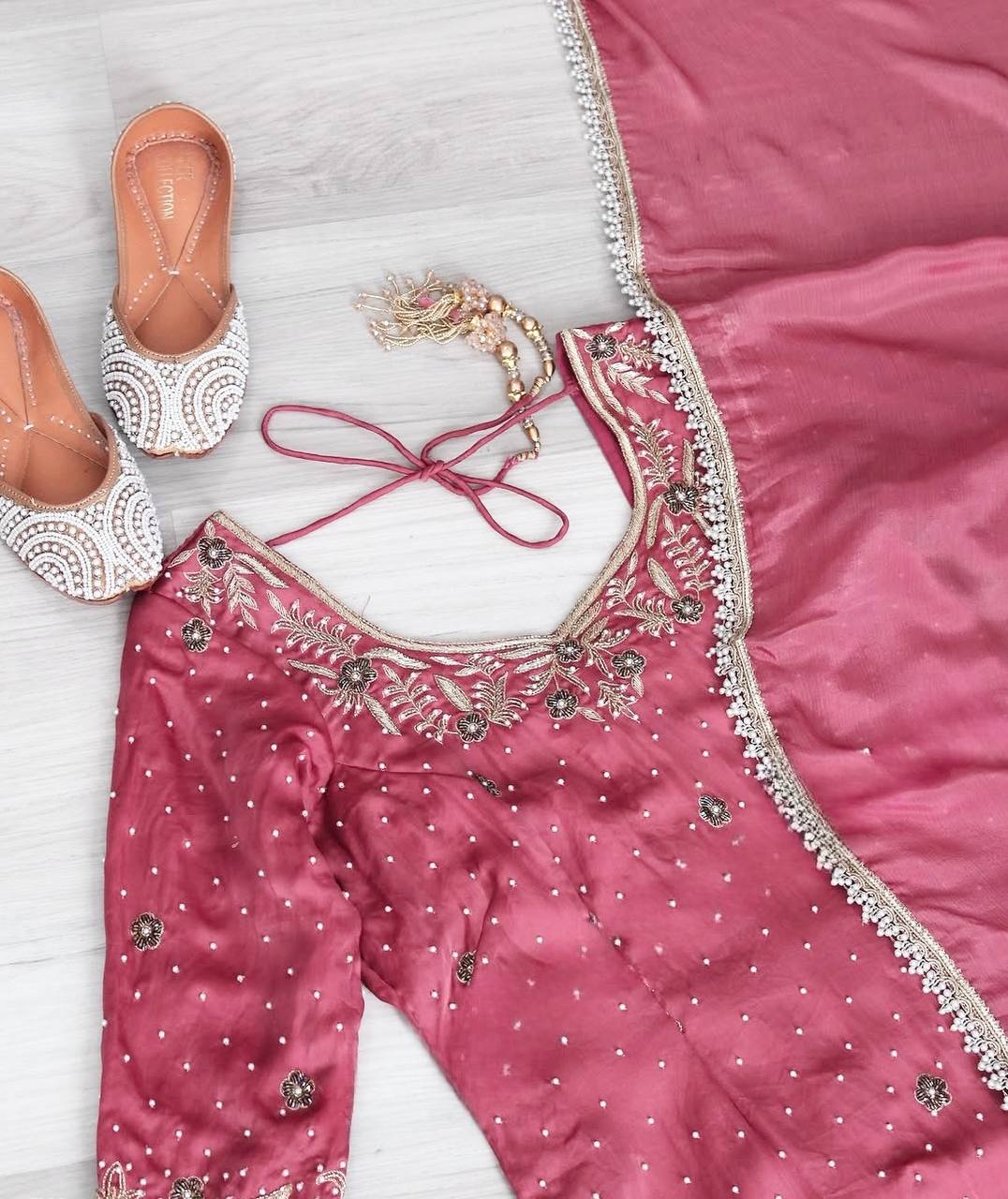 Elegant Pure Chinnon Silk Ensemble with Moti Handwork & Fancy Embroidery