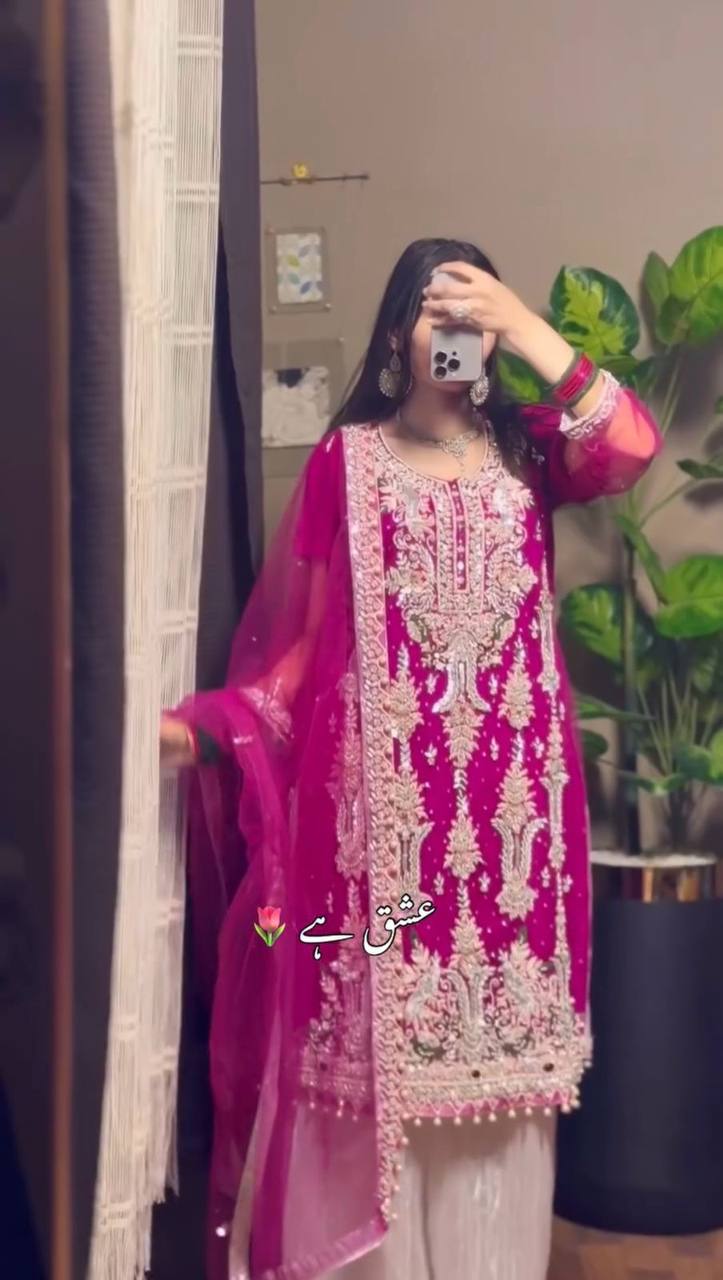 "Elegant Fox Georgette Ensemble with Heavy Sequence Embroidery & Lace Work"