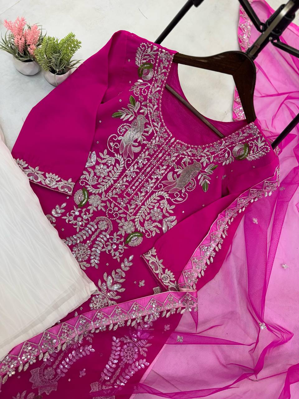 "Elegant Fox Georgette Ensemble with Heavy Sequence Embroidery & Lace Work"