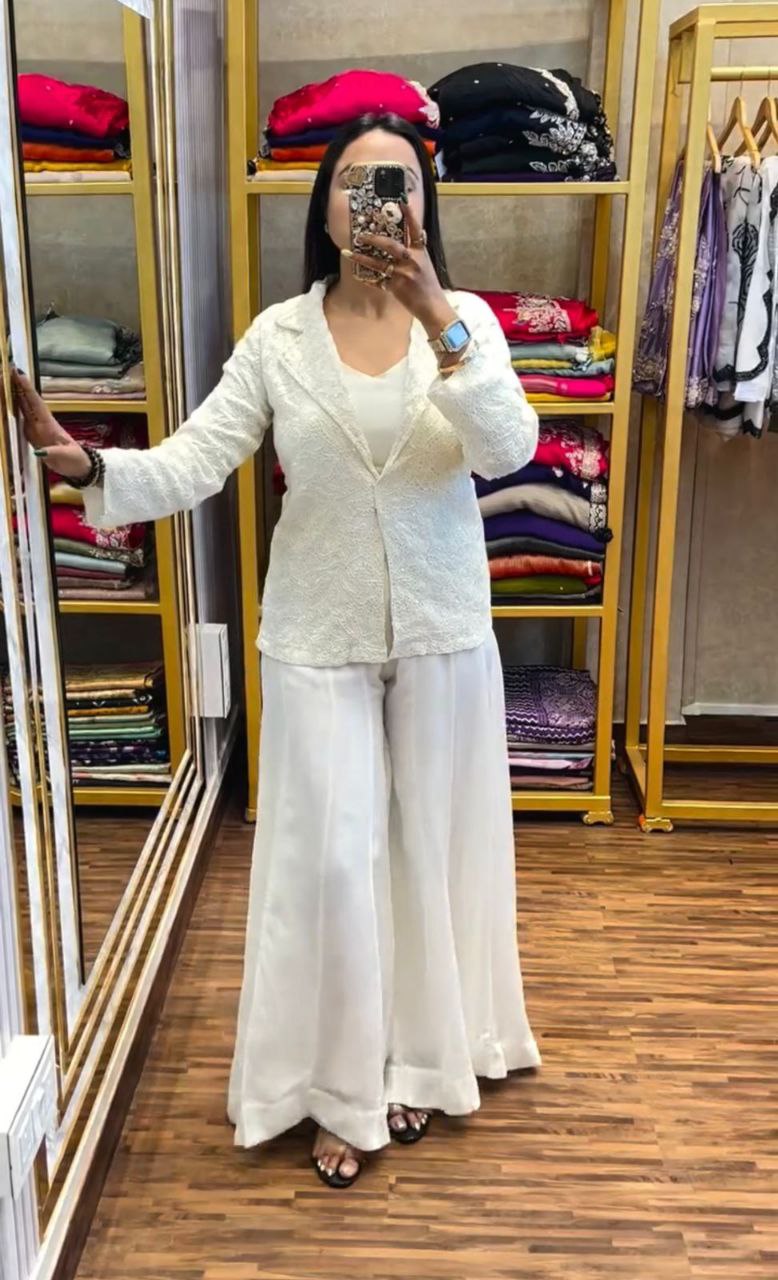 "Elegant Chinon Palazzo Set with Bangalore Embroidery Koti & Stitched Blouse"