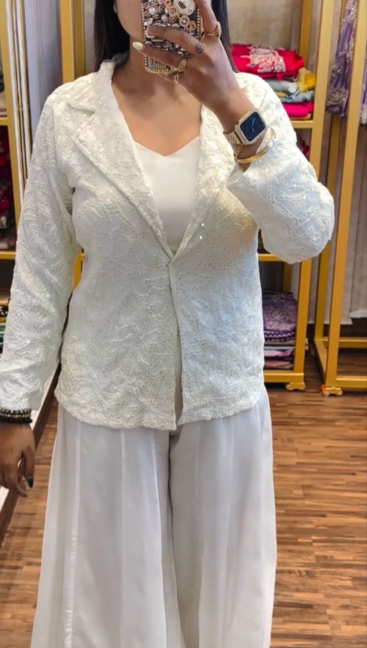 "Elegant Chinon Palazzo Set with Bangalore Embroidery Koti & Stitched Blouse"