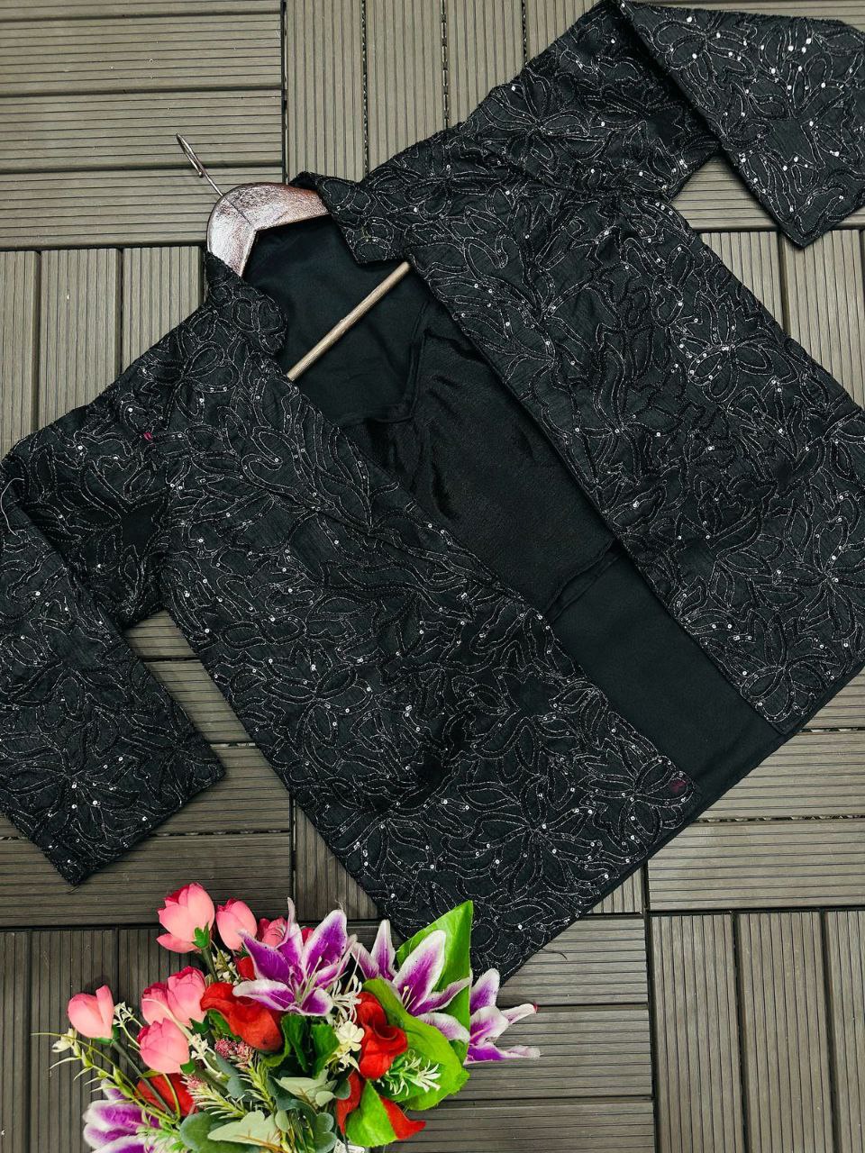 "Elegant Chinon Palazzo Set with Bangalore Embroidery Koti & Stitched Blouse"