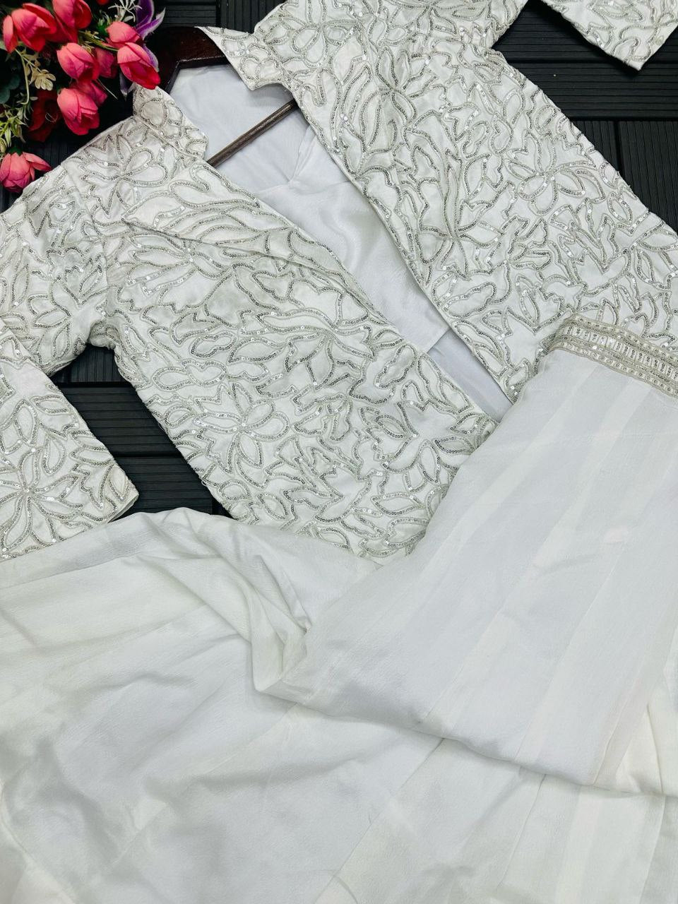 "Elegant Chinon Palazzo Set with Bangalore Embroidery Koti & Stitched Blouse"