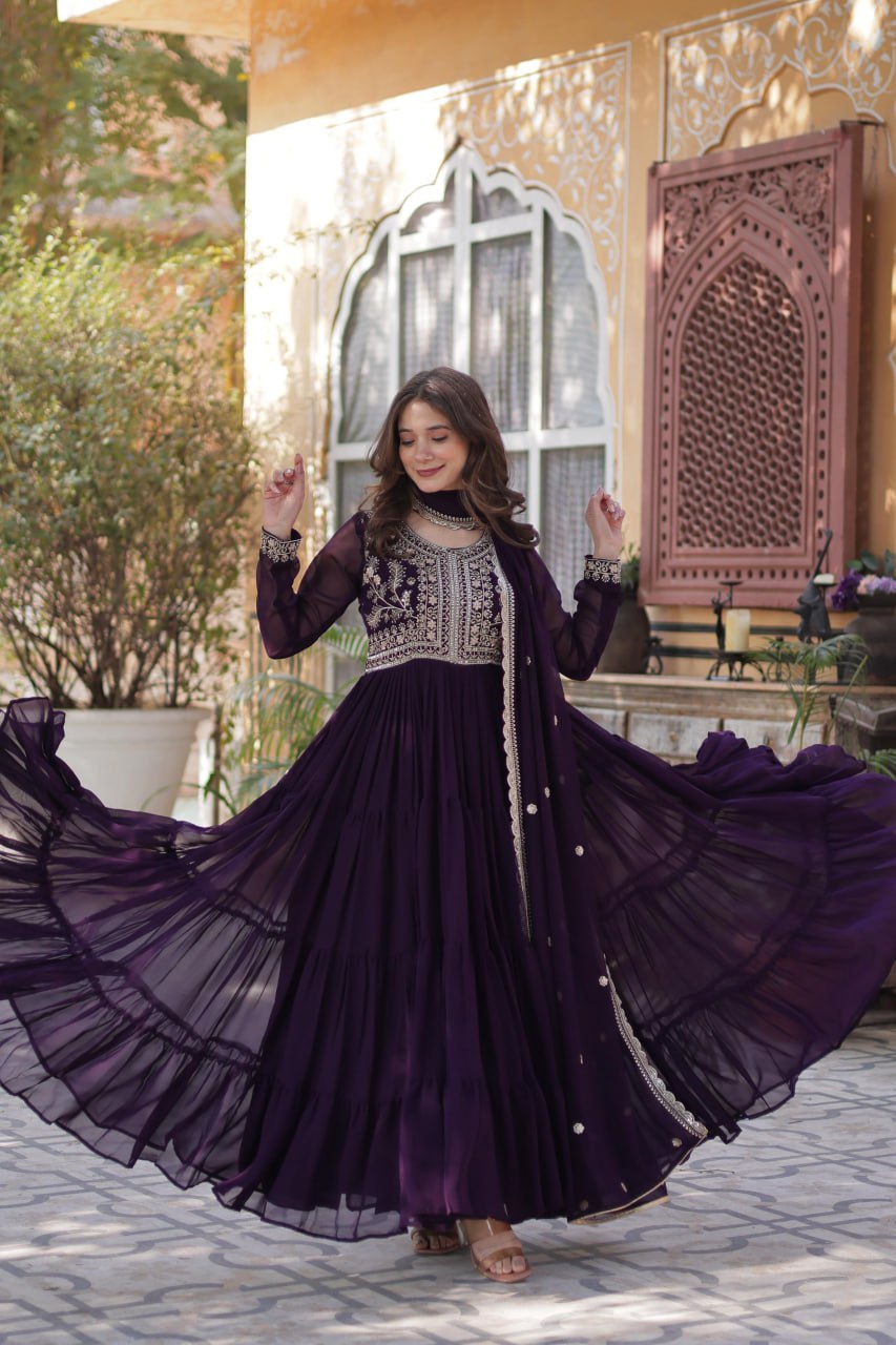 "Elegant Faux Blooming Georgette Gown with Pearl Embroidery & Dupatta"