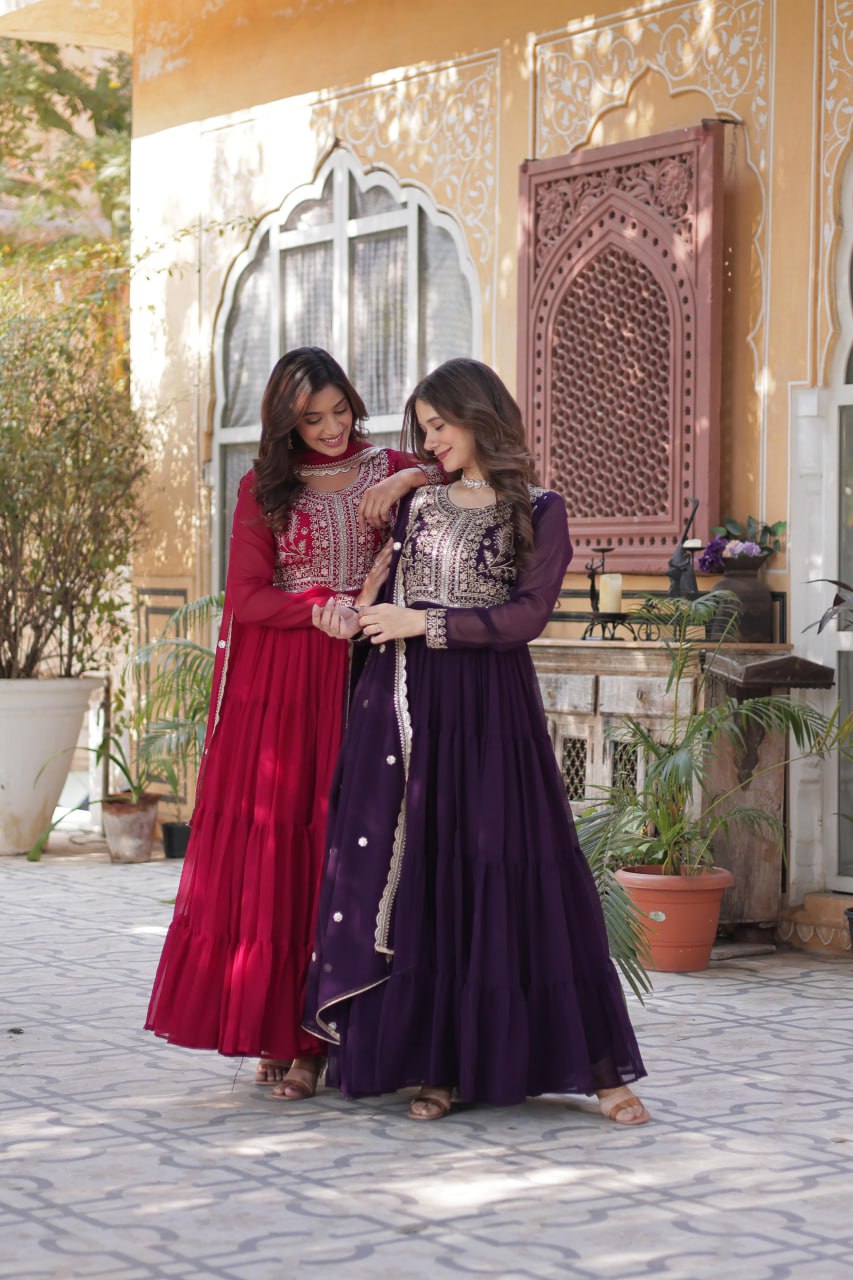 "Elegant Faux Blooming Georgette Gown with Pearl Embroidery & Dupatta"