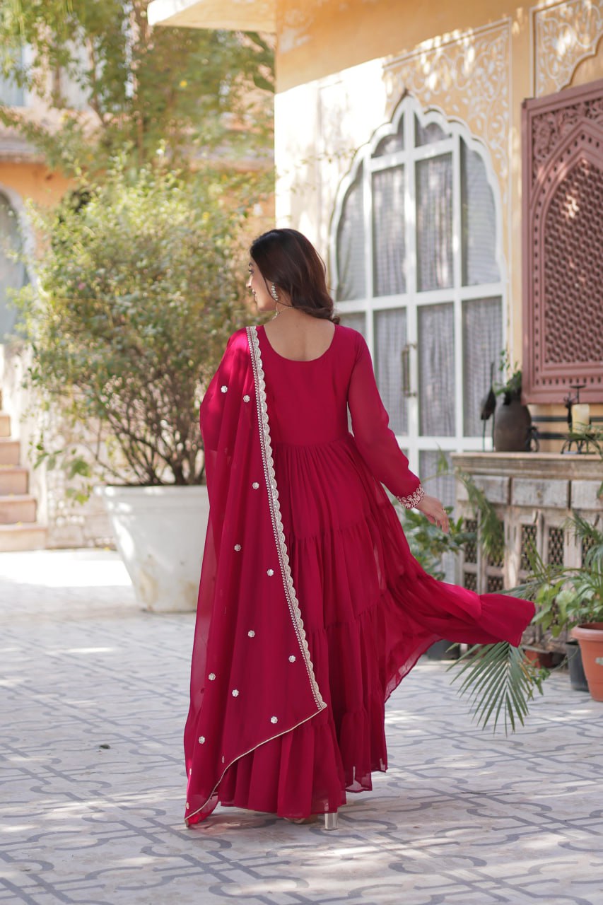 "Elegant Faux Blooming Georgette Gown with Pearl Embroidery & Dupatta"