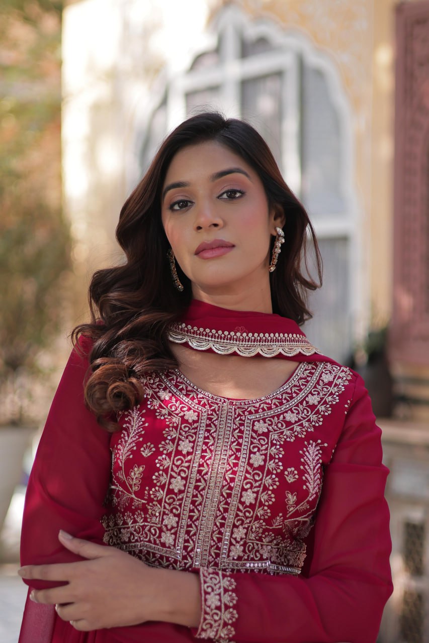 "Elegant Faux Blooming Georgette Gown with Pearl Embroidery & Dupatta"