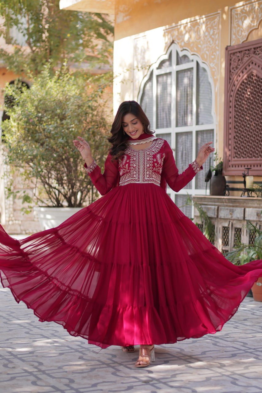 "Elegant Faux Blooming Georgette Gown with Pearl Embroidery & Dupatta"