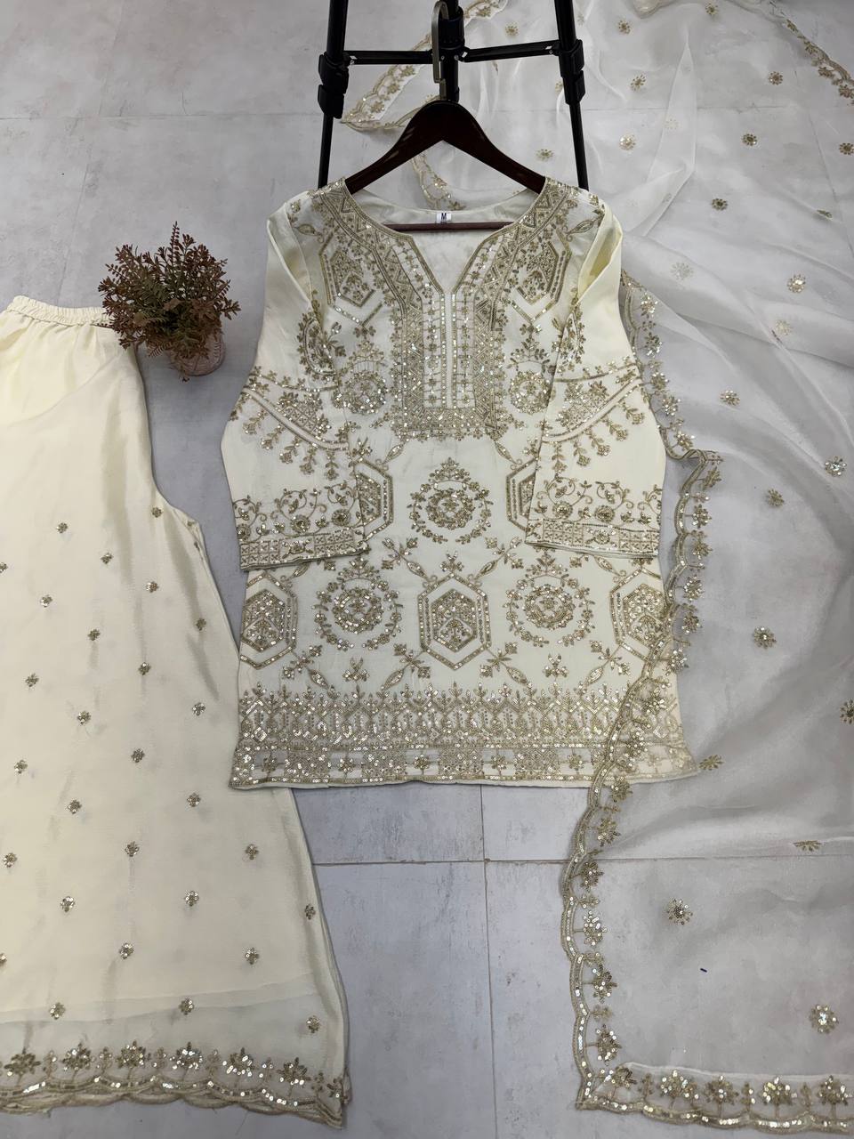 "Elegance Redefined: Chinon Top, Plazo & Organza Dupatta Set"