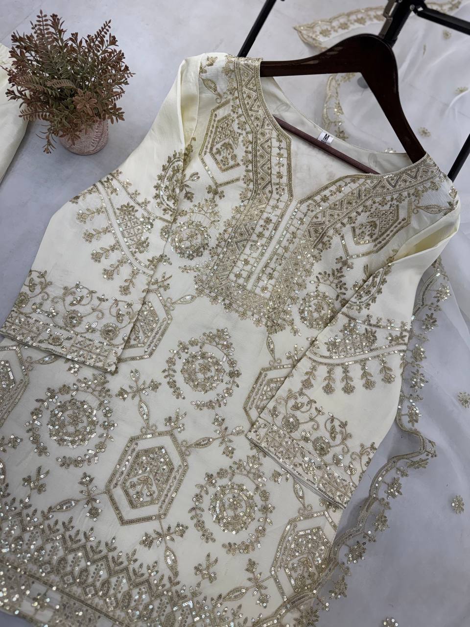 "Elegance Redefined: Chinon Top, Plazo & Organza Dupatta Set"