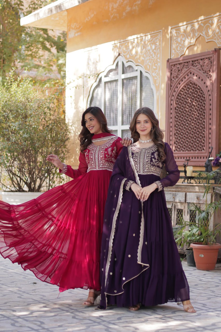 "Elegant Faux Blooming Georgette Gown with Pearl Embroidery & Dupatta"
