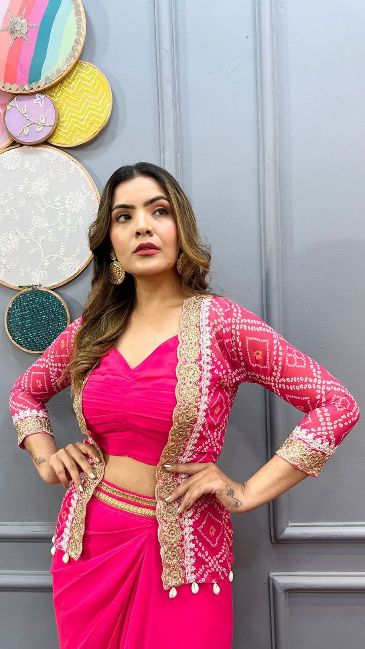 "Elegant Heavy Georgette Dhoti Style Sarara with Blouse & Koti – Perfect Fusion of Traditional & Modern!"